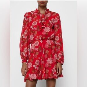 Zara Red Floral Tie-Neck Mini Dress with Pink Accents